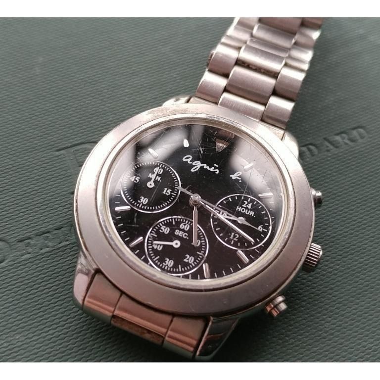 Agnes b V654-6100 三問鋼錶Quartz Watch (玻璃比較花), 名牌