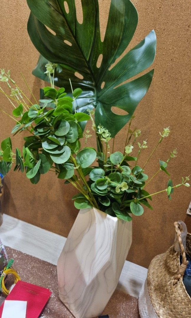 Artificial plants & vase with marble design, Furniture & Home Living