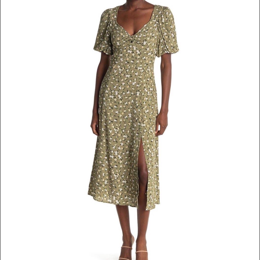 ASTR sage green puff sleeve sweetheart floral viscose midi dress