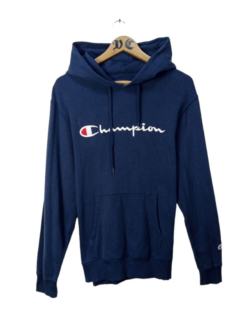 CHAMPION SCRIPT EMBROIDERED NAVY BLUE HOODIE Men s Fashion Coats