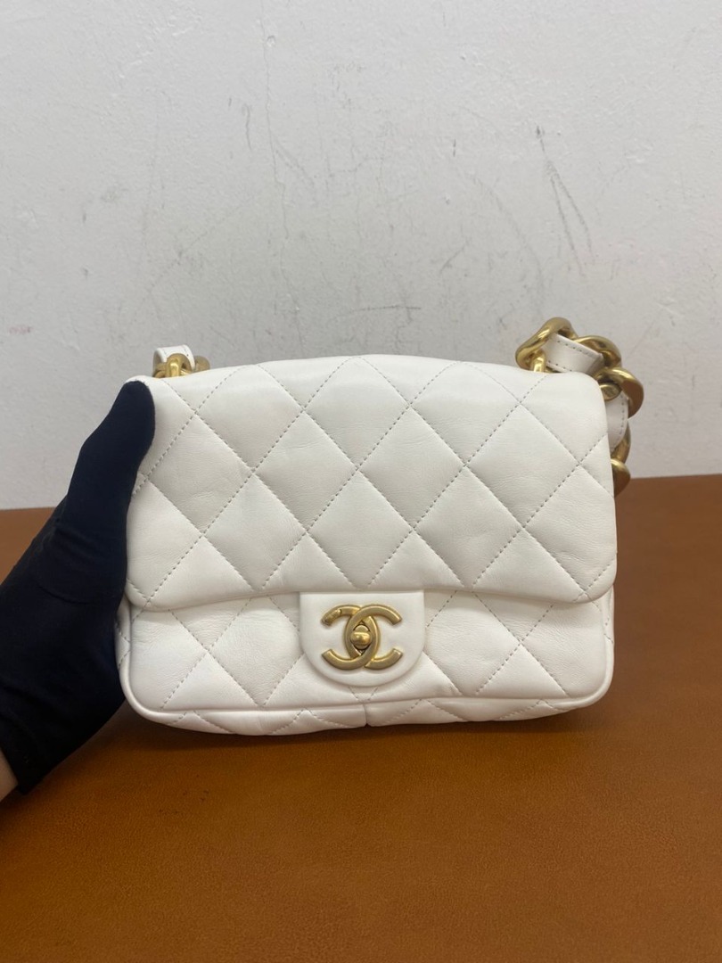 Chanel White Quilted Lambskin Leather Half-Moon Flap Bag with Gold, Lot  #76020