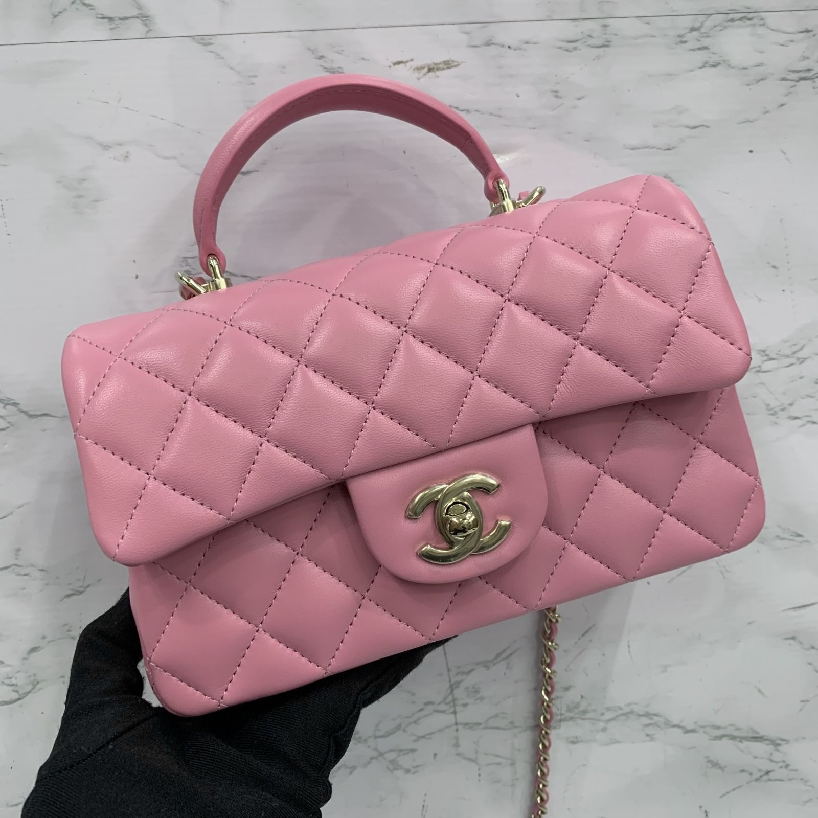 CHANEL AS2431 LAMBSKIN TOP HANDLE PINK RFID SHOULDER BAG 237022394 WE