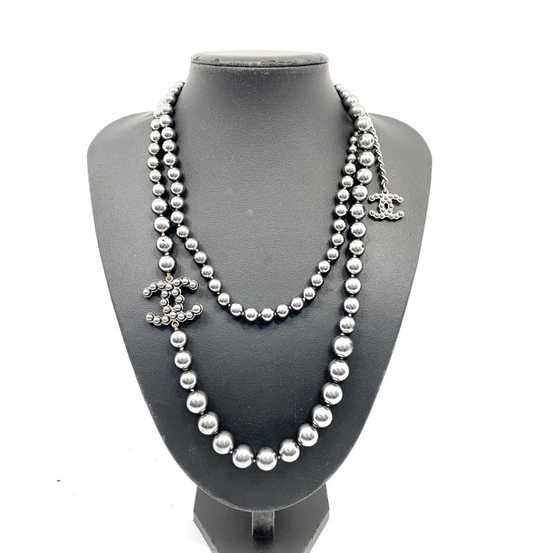 2021 Chanel Long Black White Pearl Necklace Strass Crystal Jointed Beads