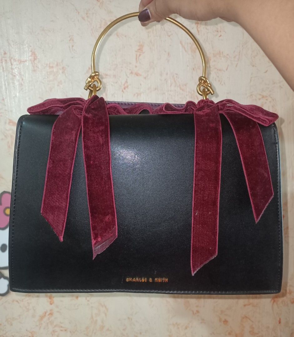 Charles Keith Velvet Bow Detail Top Handle Bag