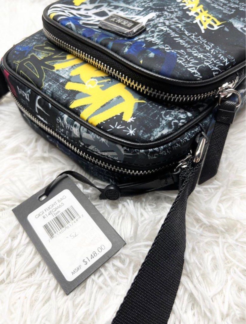 DKNY Gigi Black Graffiti Double Zip Flight Bag Crossbody, Women's