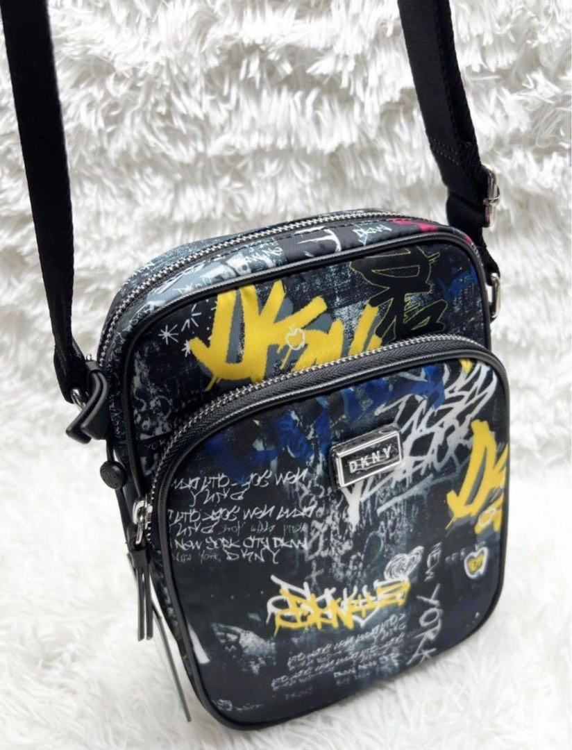 DKNY Gigi Black Graffiti Double Zip Flight Bag Crossbody, Women's