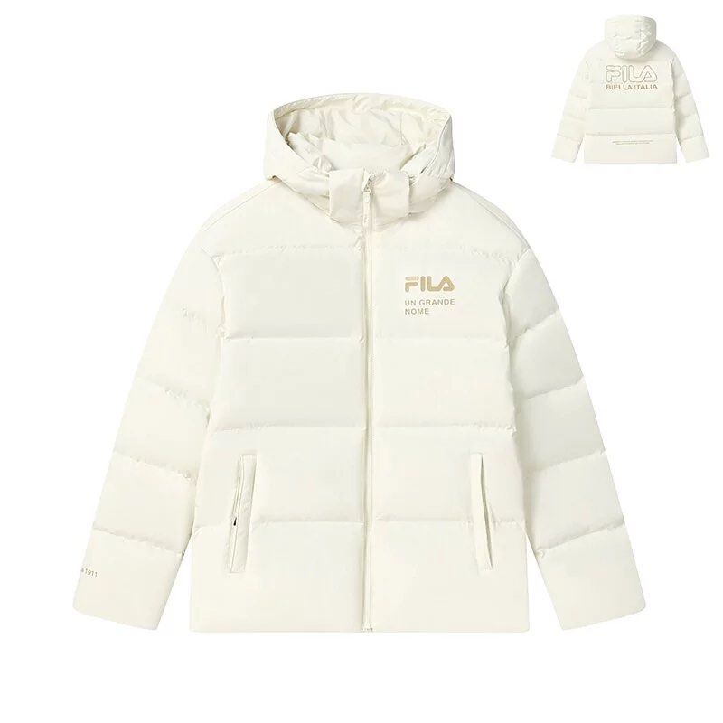 FILA Flagship Unisex Hooded Down Jacket Cream White for sale Men s Fashion Coats Jackets and Outerwear on Carousell