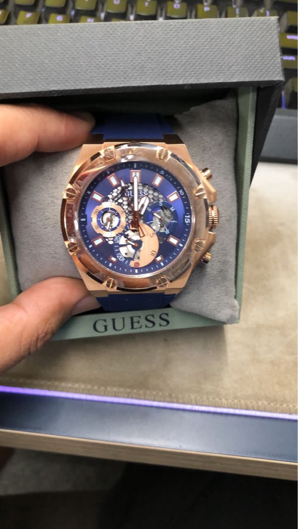 Gents rose gold tone cheap case blue silicone watch