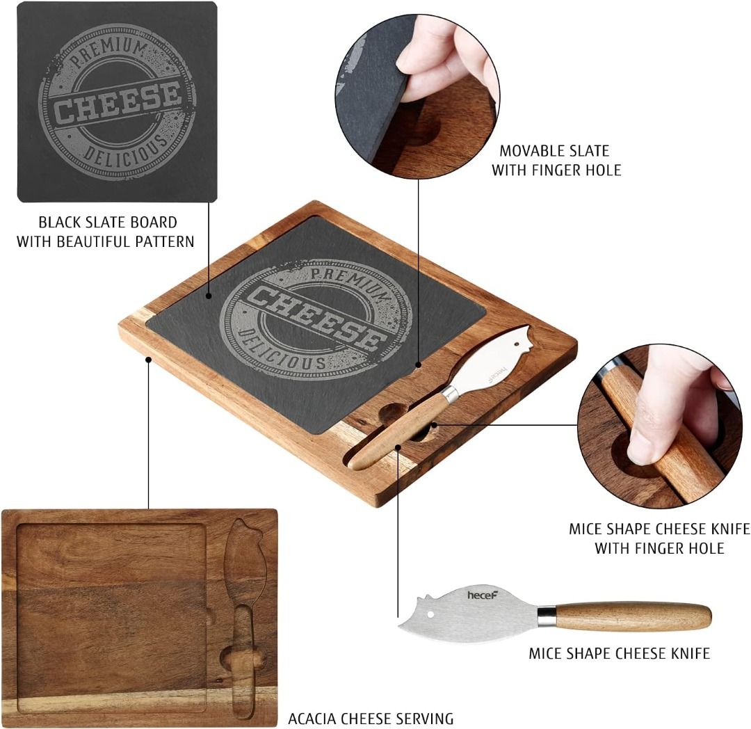 hecef Acacia Wood Cheese Board Set with Black Slate & Cheese knife ...