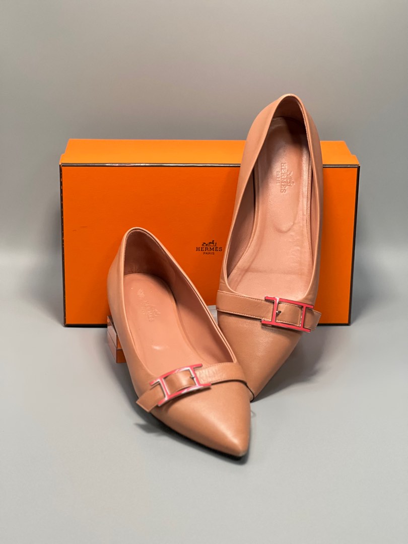 HERMES LAURA FLATS SHOES CREVETTE CALFSKIN ENAMEL Luxury