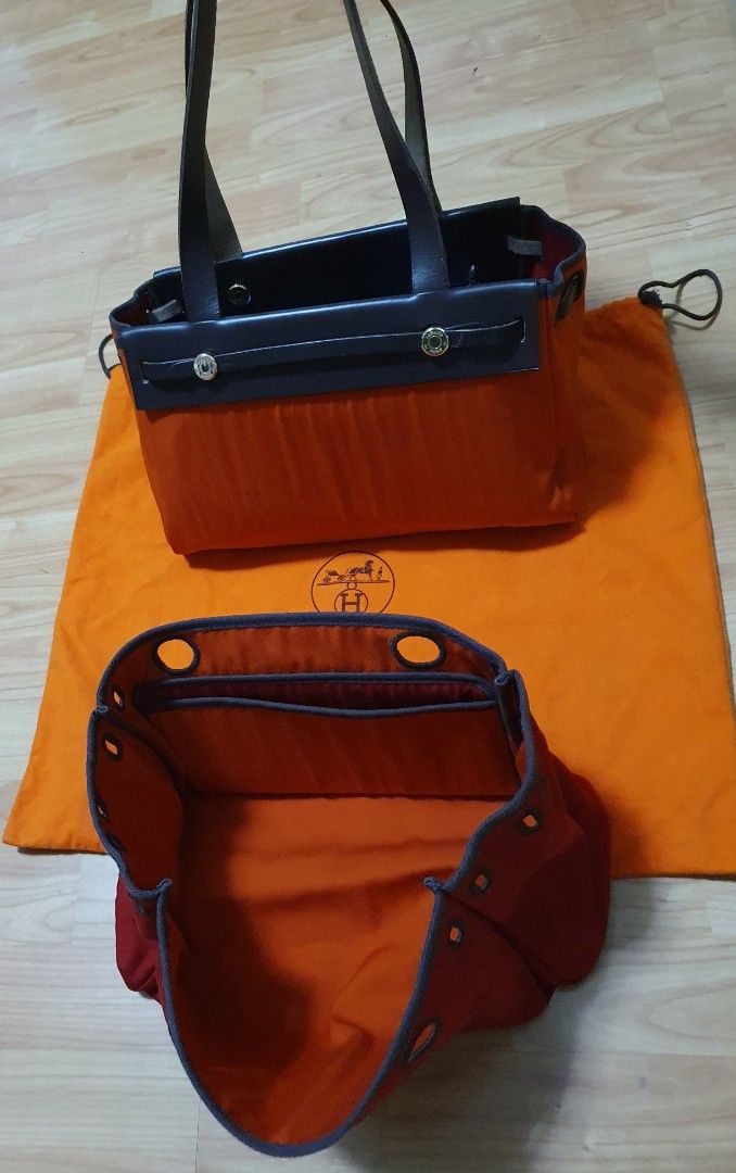 Hermes 32cm Orange Canvas/Leather Herbag PM 2-in-1 Bag/Backpack