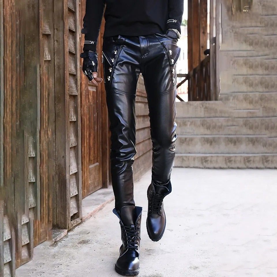 Mens black faux leather pants on sale