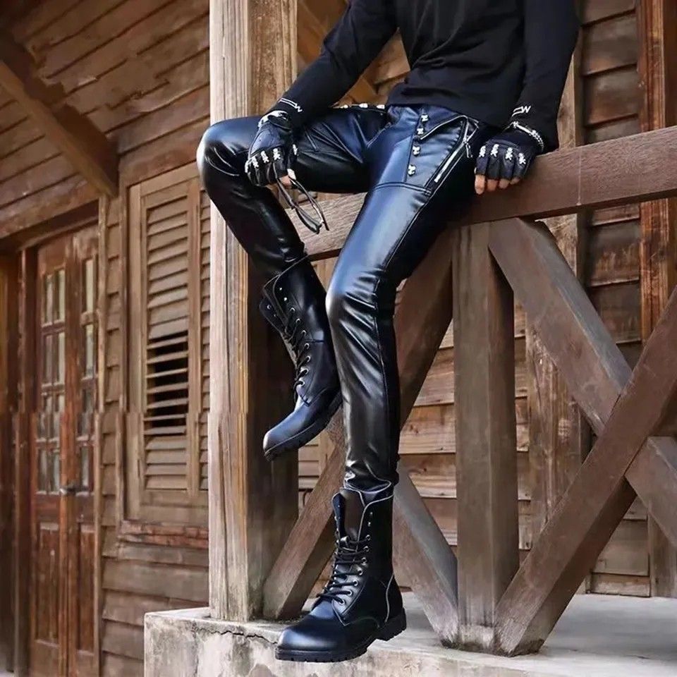 Men Pu leather black pants size 28 36 pants faux leather pants