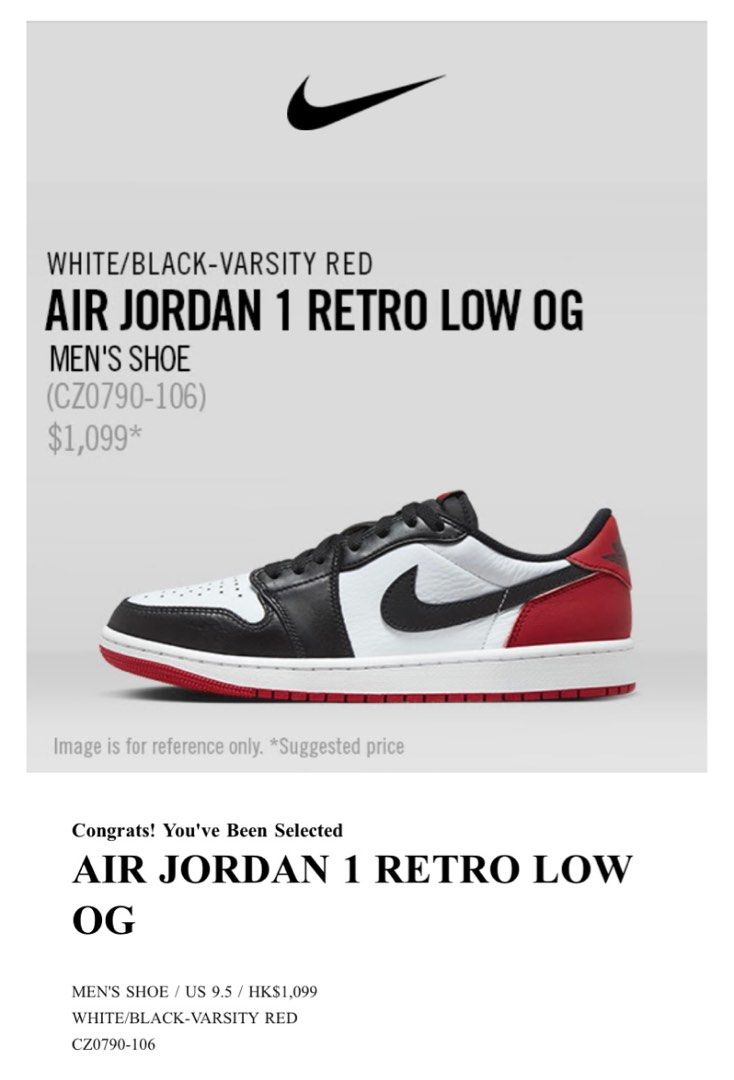 Nike Air Jordan 1 Retro Low OG Black Toe US9.5 EU43 UK8.5, 男裝