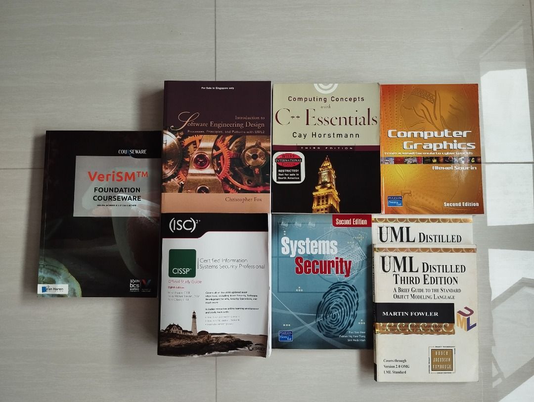 Computing & Cybersecurity Textbooks Bundle (Category: Textbooks) located in Singapore. Submitted by darkradparcivale (Listing ID 1245726782, Image 1). Description: Well kept textbooks with no torn pages. List of books: • VeriSM Foundation Courseware (1st Edition, published in 2018) • *SOLD* Introduction to Software Engineering Design • Computing Concepts with C++ Essentials (3rd Edition, published in 2003) • Computer Graphics (2nd Edition, publis