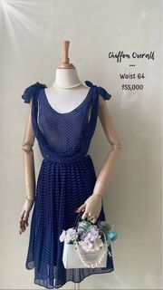 Overall dress sifon chiffon vintage biru navy polkadot unik lucu keren premium preloved pribadi murah plisket pleated
