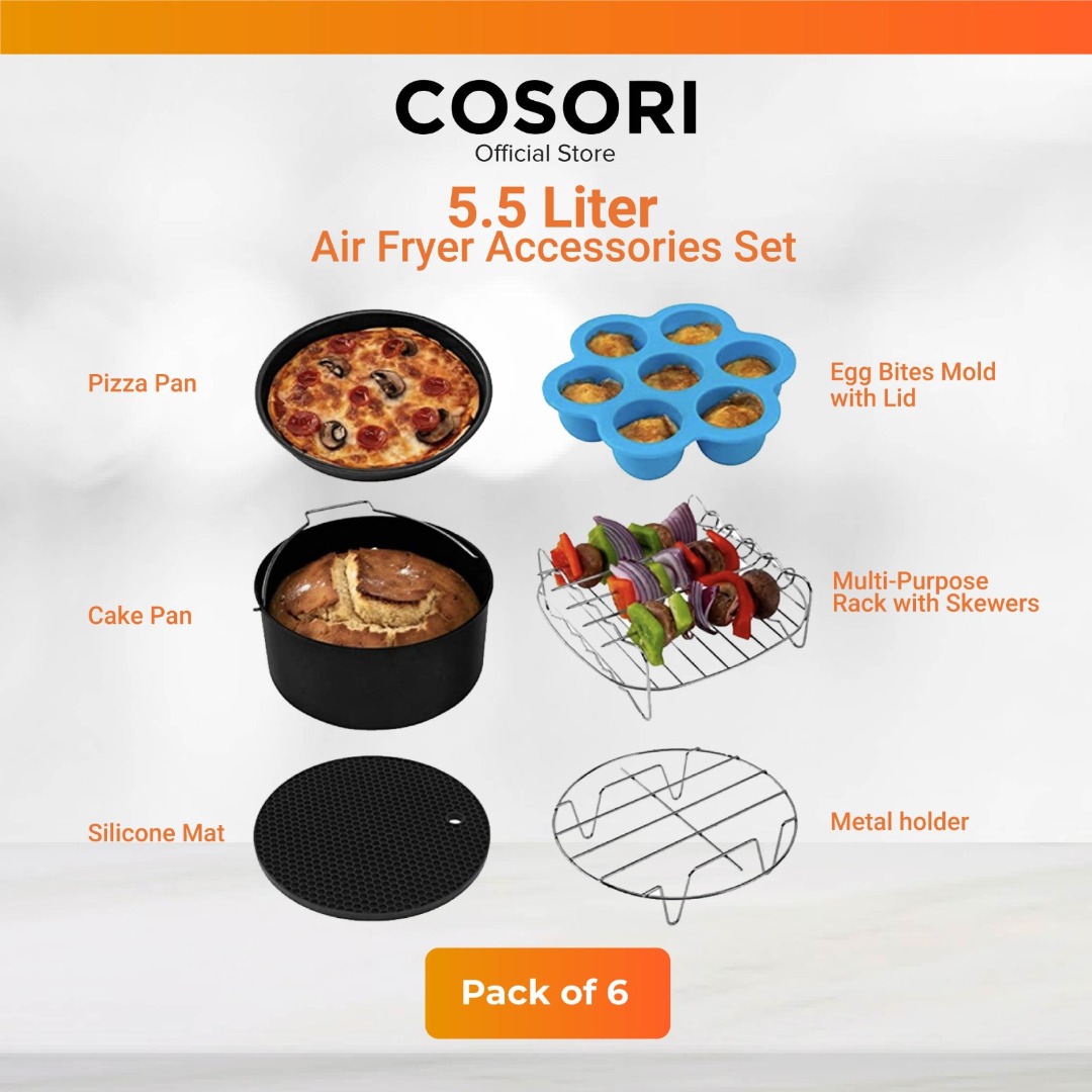  COSORI Air Fryer Accessories, Set of 6 Perfect for Most 5.0 Qt  and Larger Ovens, Cake & Pizza Pan, Metal Holder, Rack & Skewers, etc, BPA  Free, Nonstick, Dishwasher Safe, 5.8