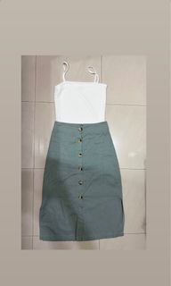 Sage Button Midi Slit Skirt