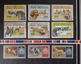 San Marino :  1 set of 6 v. & 1 set of 3 v. ( 9 pcs. in all ) , Dogs - different breed