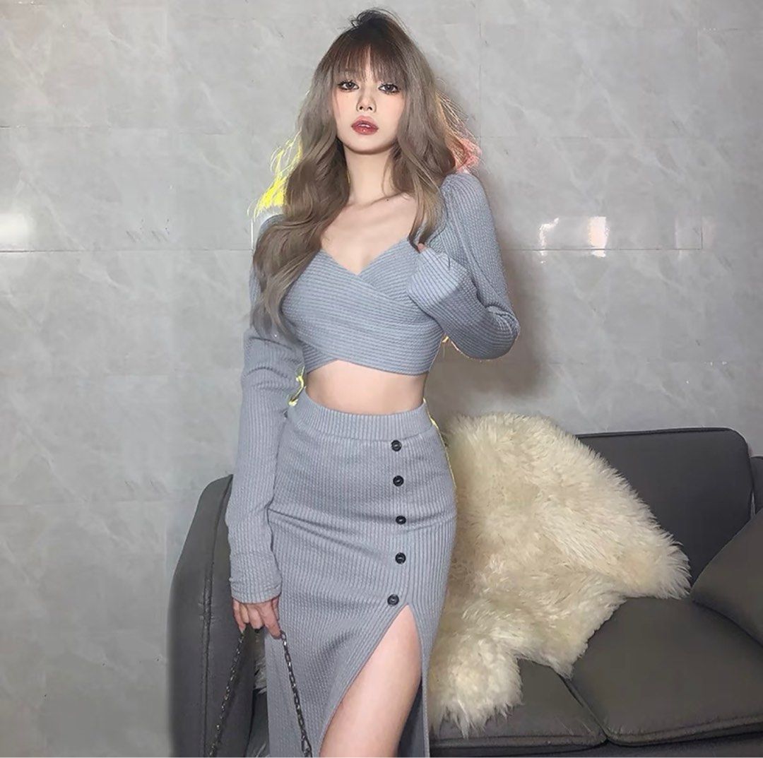 Graphic Crop Top & Colorblock Slit Skirt Set--Clearance