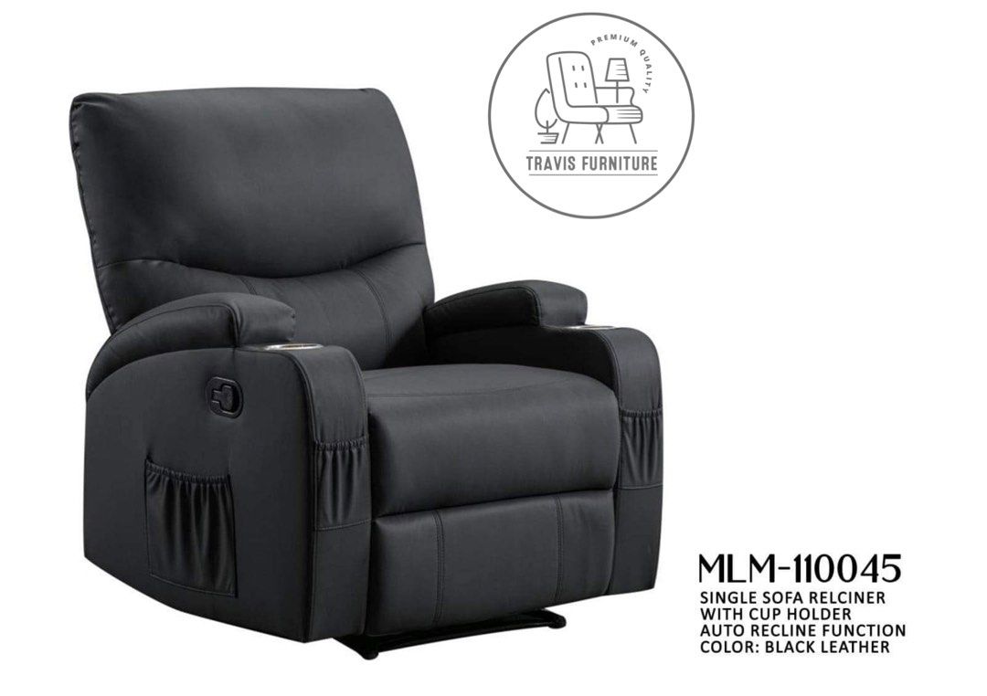 Single Recliner Chair (Sofa) (Category: Chairs) located in Manila. Submitted by travisfurnitureshop (Listing ID 1245624401, Image 1). Description: 1 Seater Reclining Chair with Cupholder & Side pocket Color: Leather Black, Grey Model: MLM-110045 Auto Recline function Dimension: 32L" x 32D" x 40H" inches ‼️ COMFORTABLE CHAIR FOR NETFLIX 🍿 ‼️ VERY DURABLE RECLINER SOFA ‼️ WE ACCEPT CASH ON DELIVERY/ONLINE TRANSFER ‼️ ADDITIONAL DELIVERY DEPENDING 
