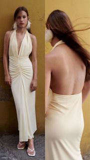 Zara Light Yellow Draped Halter Long Dress / Gown XS