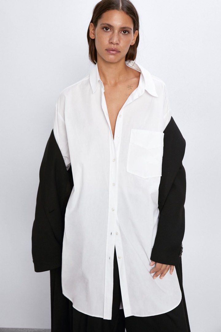 Zara Oversized Poplin Shirt (Category: Shirts) located in Quezon City. Submitted by tk.as (Listing ID 1245573615, Image 2). Description: Never used just stored in my closet Originally bought for ₱2295 XS on tag but fits size small the best.