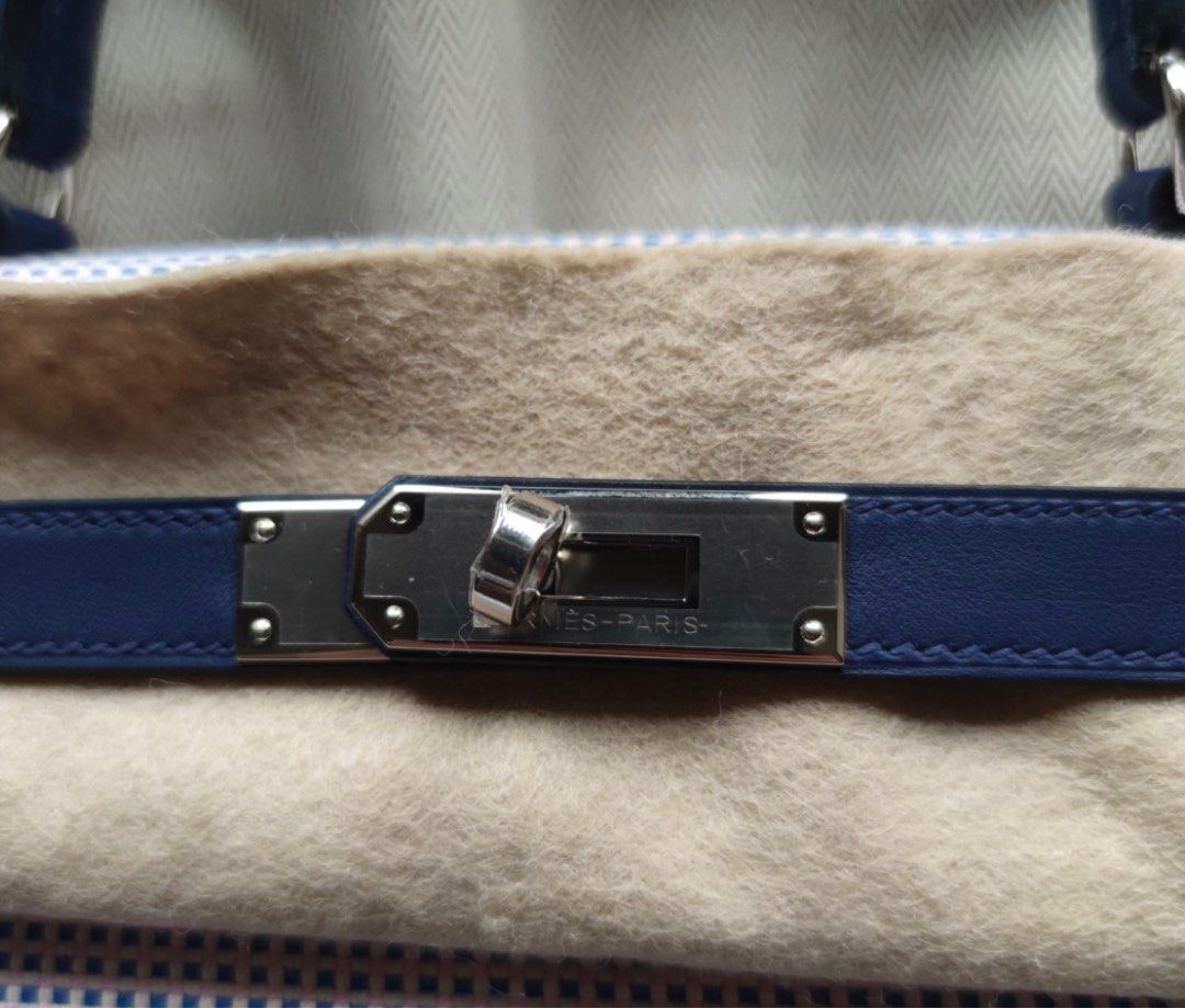 Hermes Bleu Saphir/Ecru/Mauve Sylvestre Toile Quadrille and Swift Leather  Kelly Sellier 28 Bag Hermes