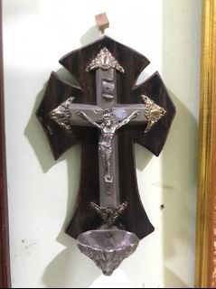 Beautiful Vintage Holy water stoup  Gothic Style Crucifix