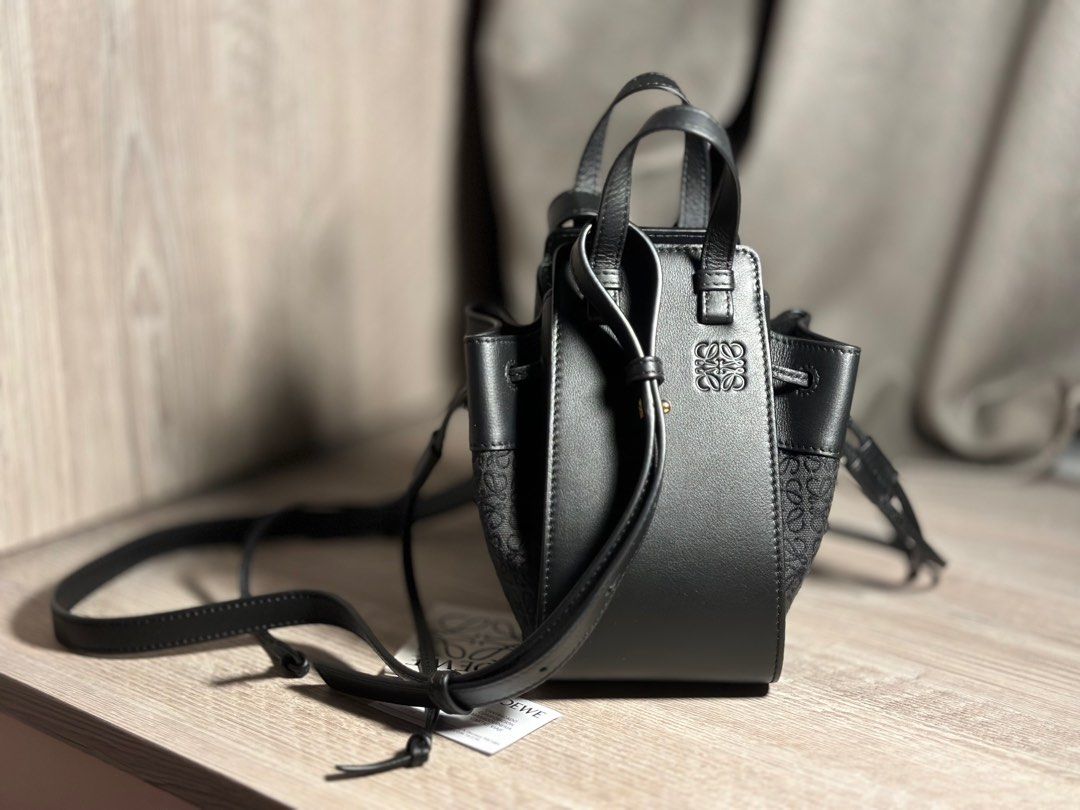 BNIB Loewe Mini Hammock Drawstring Bag in Anagram Jacquard Calfskin Anthracite Black A538V07X11