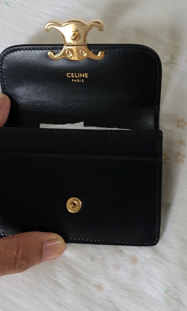 CELINE Shiny Calfskin Triomphe Flap Card Holder Black 1266053