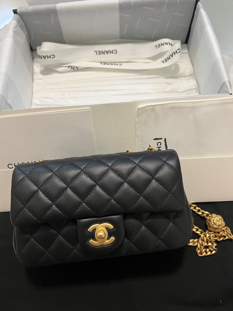 Chanel 23S Camellia Adjustable Chain Mini Flap Bag in AGHW Black Sheepskin.  Condition: Brand New, kept unused Completeness: Full set with…