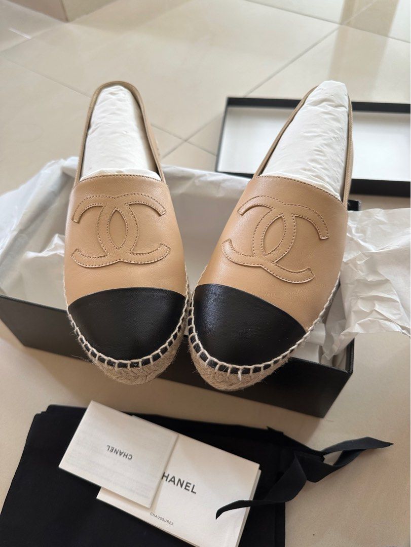 Chanel tan and outlet black espadrilles