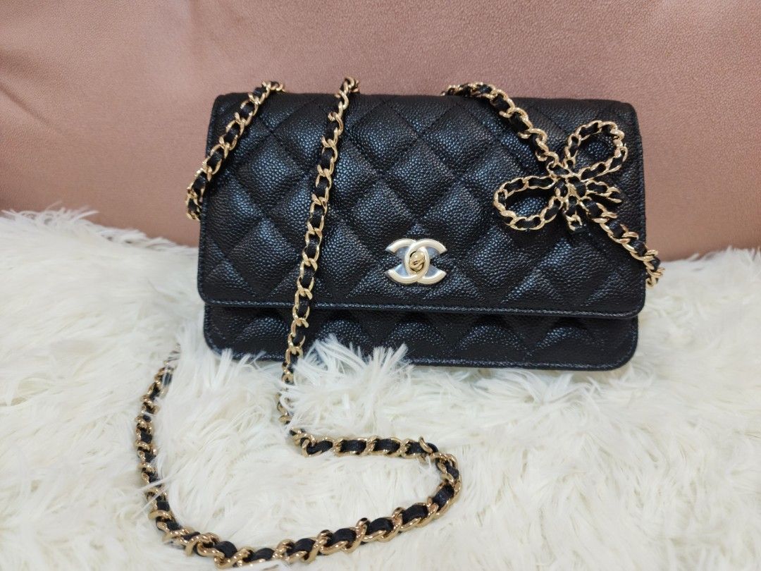 New CHANEL 23S Wallet on Chain BOW Caviar Leather Black WOC Bag Gold  MICROCHIP