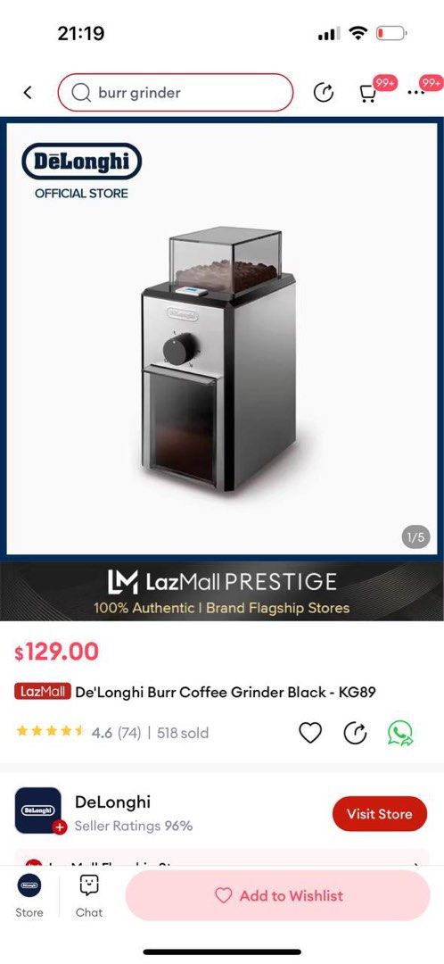 Delonghi stainless steel store burr coffee grinder