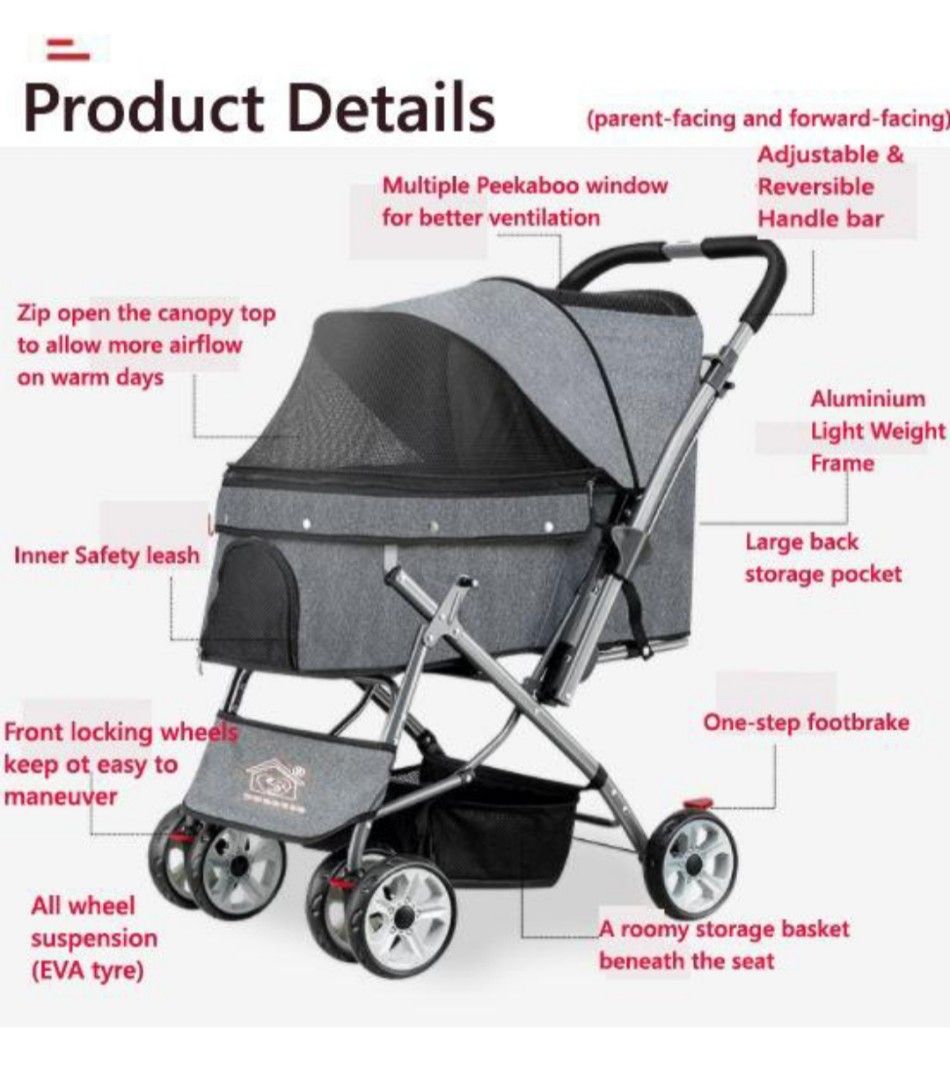 Dual View Extra Large Pet Stroller with Reversible Handle 2 Ways Handle