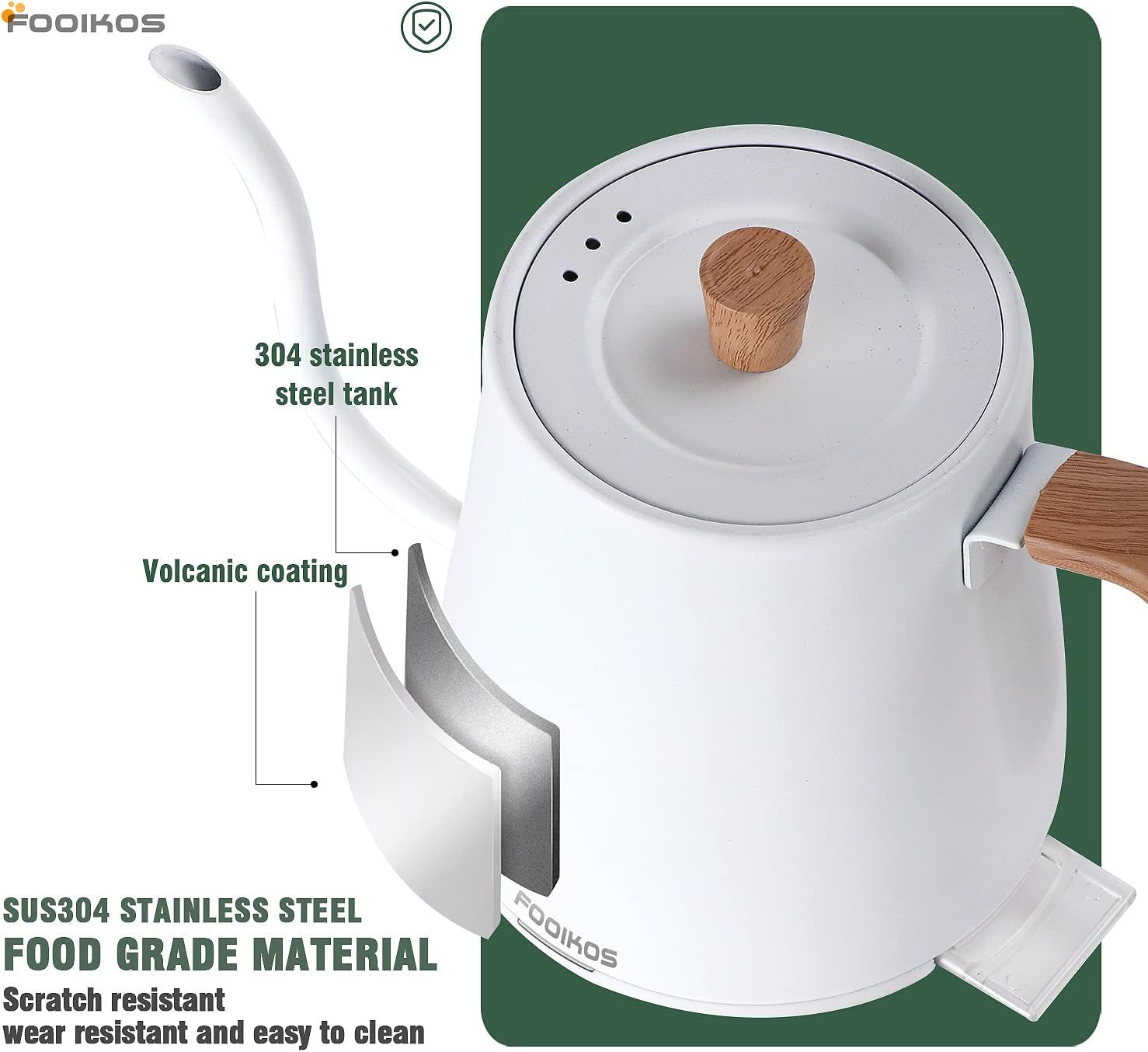 Fooikos Electric Gooseneck Kettle 0.8L for Pour Over Coffee and