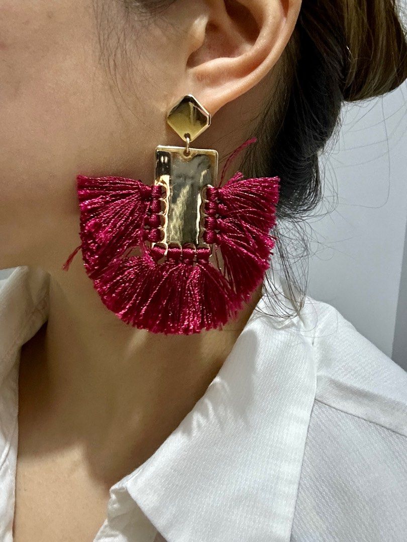 Red Wine Gold Tassel Earrings