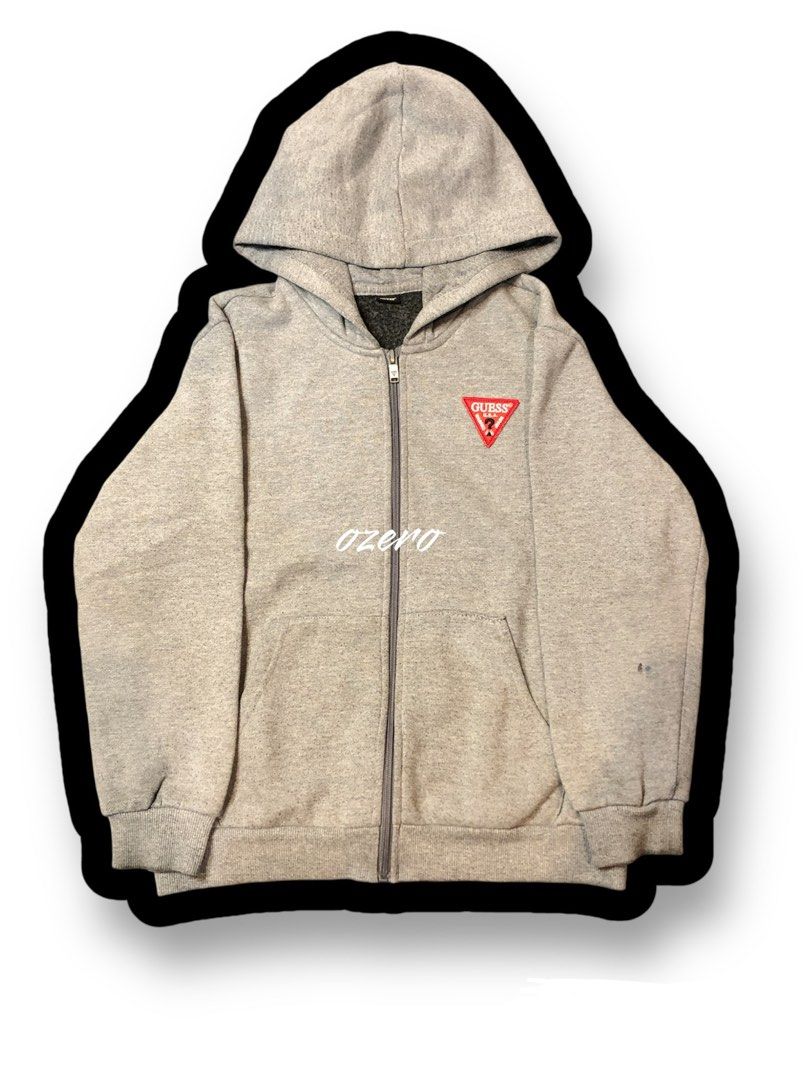 GUESS SHERPA LINED LIGHT GREY HOODED SWEATSHIRT ZIP FRONT HOODIE JACKET
