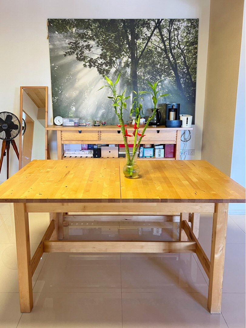 IKEA Norden extendable table in solid wood birch, with bench, Furniture