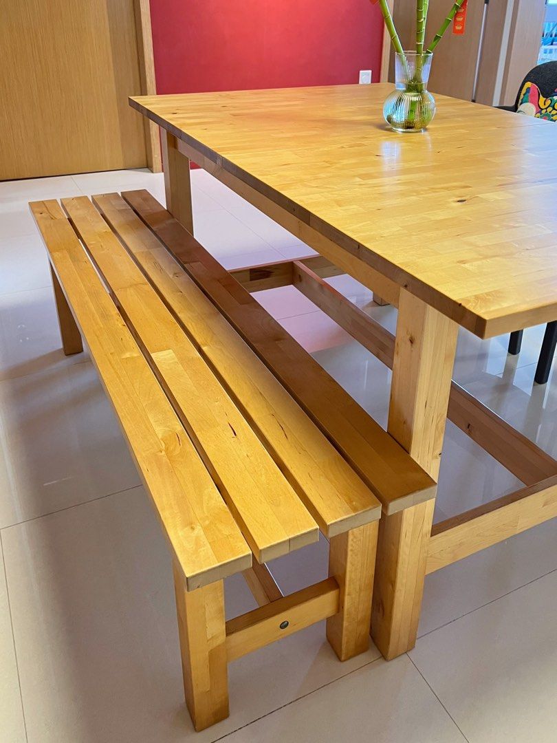 IKEA Norden extendable table in solid wood birch, with bench, Furniture