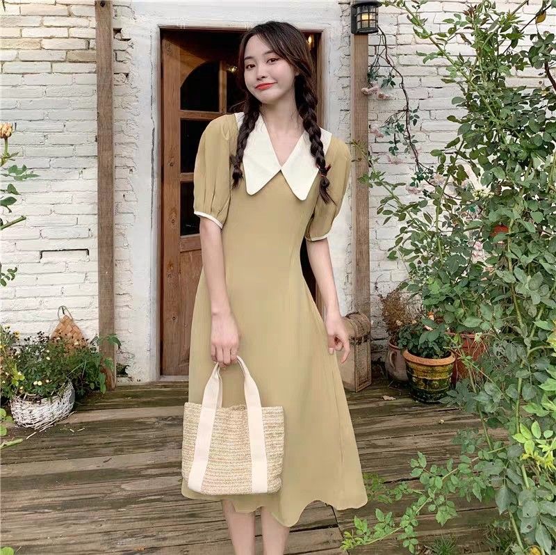 Korean chic summer French Hepburn style lapel contrast color self cultivation strap high waist puff sleeve dress long skirt female