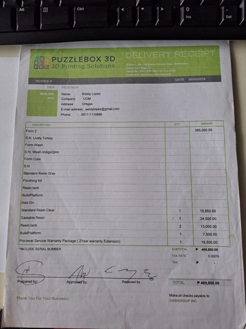 Lightly used Formlabs Form 2 3D Printer (Category: Printers, Scanners & Copiers) located in Quezon City. Submitted by lbear29 (Listing ID 1245799654, Image 2). Description: Lightly used printer. Purchased locally from Puzzlebox 3D for 395,000. Receipt included. Reason for sale: Upgrading printer If interested please call or message 09177110866. Thanks.