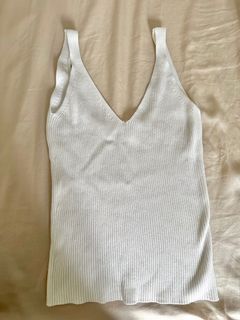 Mango Ribbed Knit V-Neck Sleeveless Top (XS / Off-White)
