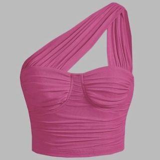 One Shoulder Ruched Mesh Top Shein