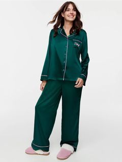 Peter Alexander Jewel Green Poly Satin Long Sleeve Shirt 2023