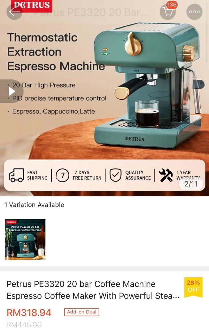 Petrus PE3320 Espresso Coffee Machine, TV & Home Appliances, Kitchen
