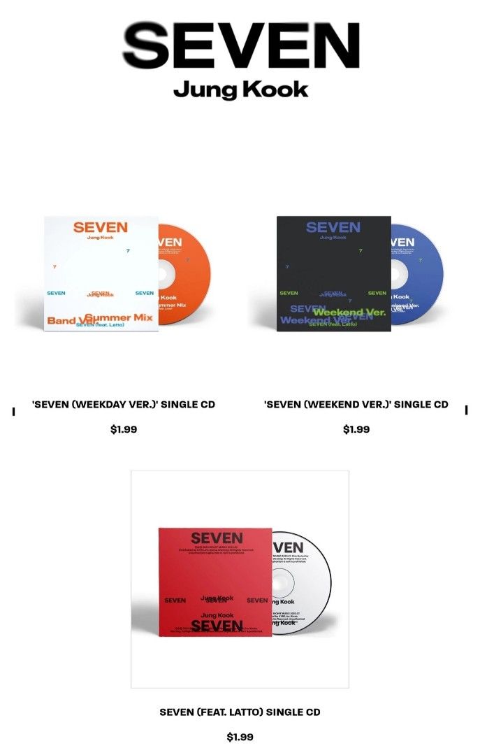 [PRE-ORDER] OFFICIAL BTS JUNGKOOK SEVEN CD FROM USA (REGULAR, WEEKDAY ...
