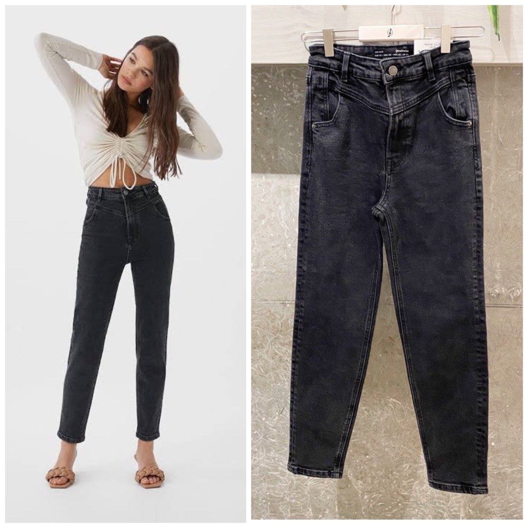 Stradivarius Mom Jeans Ash Black Fesyen Wanita Pakaian Wanita Bawahan di Carousell