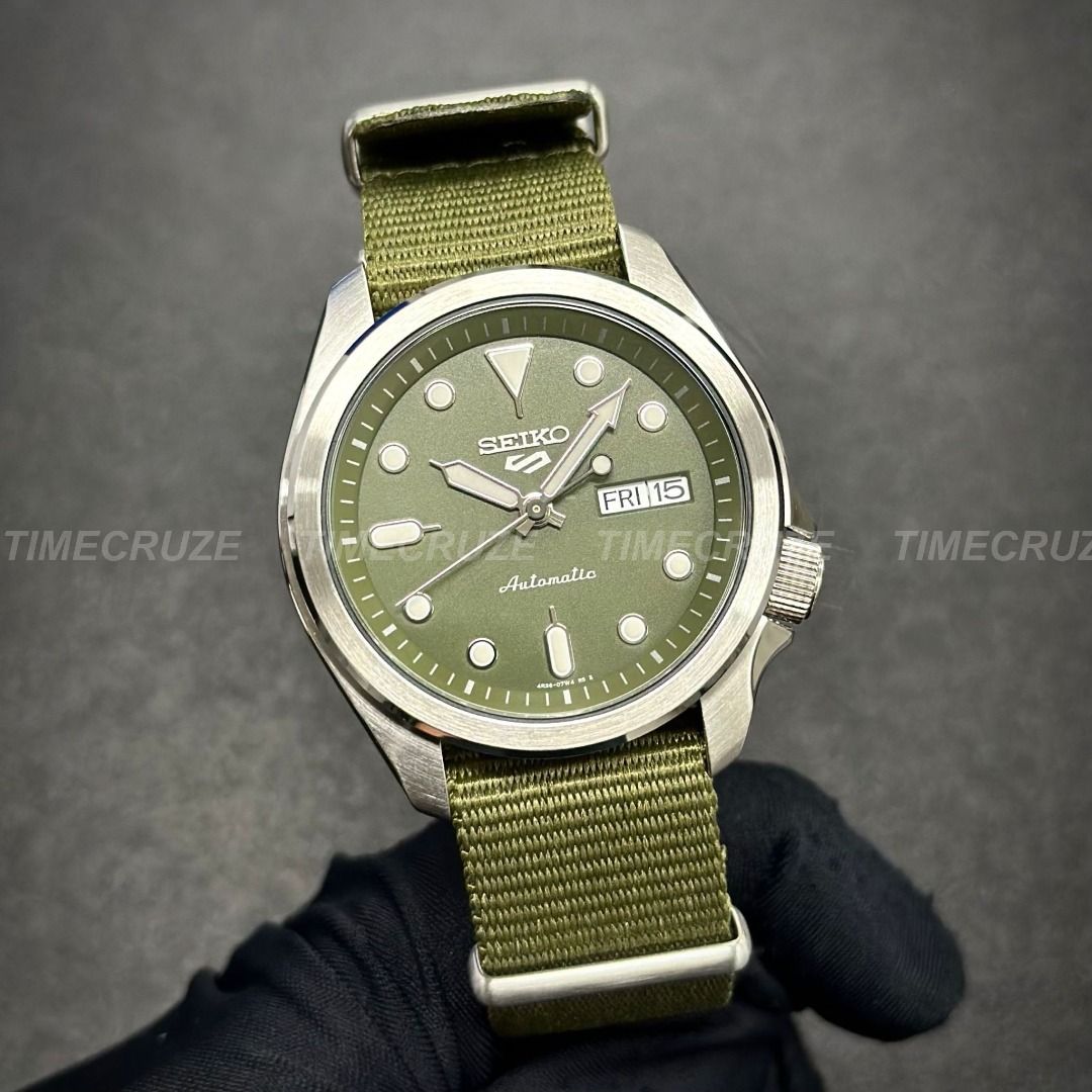 Time Cruze Seiko 5 Sports SRPE65K1 Automatic Green Nylon Strap Men Watch SRPE65K SRPE65
